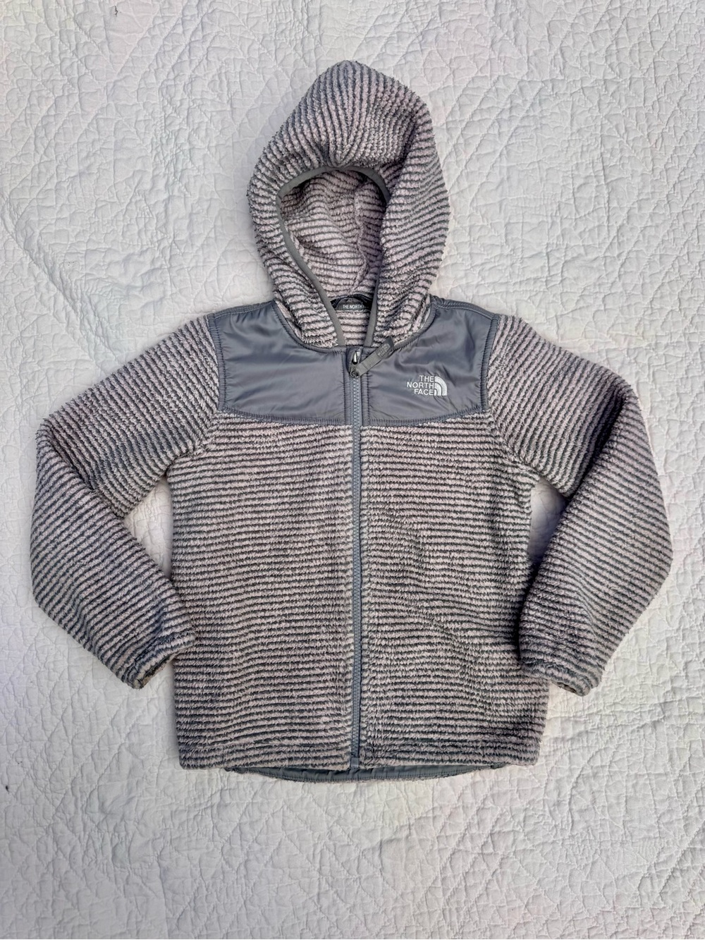 The North Face Girls’ Gray & Pink Striped Hooded Fleece Jacket with Logo Yoke
